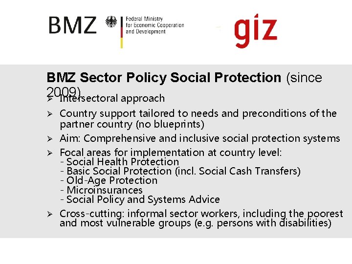 BMZ Sector Policy Social Protection (since 2009) Ø Intersectoral approach Country support tailored to BMZ Sector Policy Social Protection (since 2009) Ø Intersectoral approach Country support tailored to
