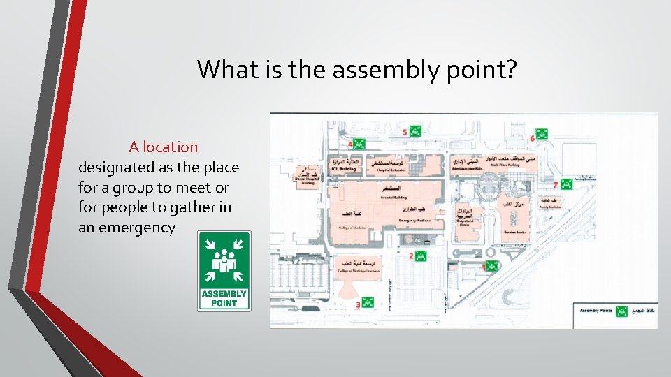What is the assembly point? A location designated as the place for a group What is the assembly point? A location designated as the place for a group