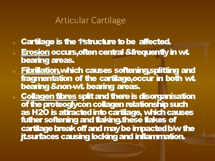 Articular Cartilage is the 1 ststructure to be affected. Erosion occurs, often central &frequently