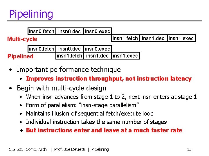 Pipelining insn 0. fetch insn 0. dec insn 0. exec Multi-cycle insn 1. fetch