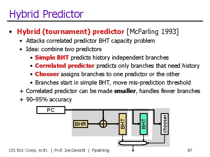 Hybrid Predictor • Hybrid (tournament) predictor [Mc. Farling 1993] • Attacks correlated predictor BHT
