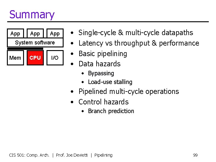 Summary App App System software Mem CPU I/O • • Single-cycle & multi-cycle datapaths