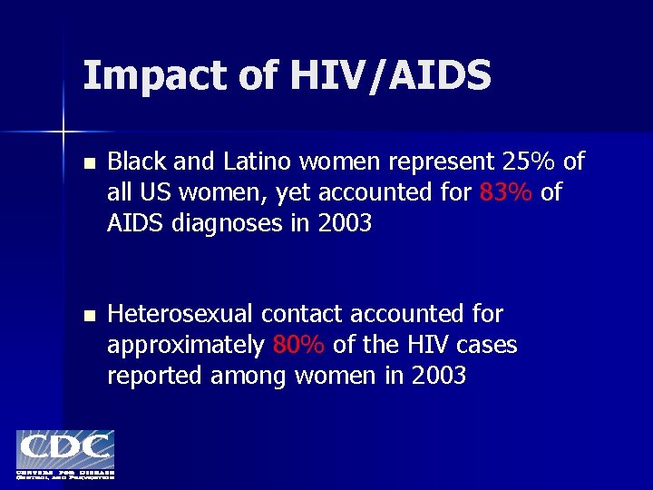Impact of HIV/AIDS n Black and Latino women represent 25% of all US women,