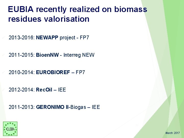 EUBIA recently realized on biomass residues valorisation ü 2013 -2016: NEWAPP project - FP EUBIA recently realized on biomass residues valorisation ü 2013 -2016: NEWAPP project - FP