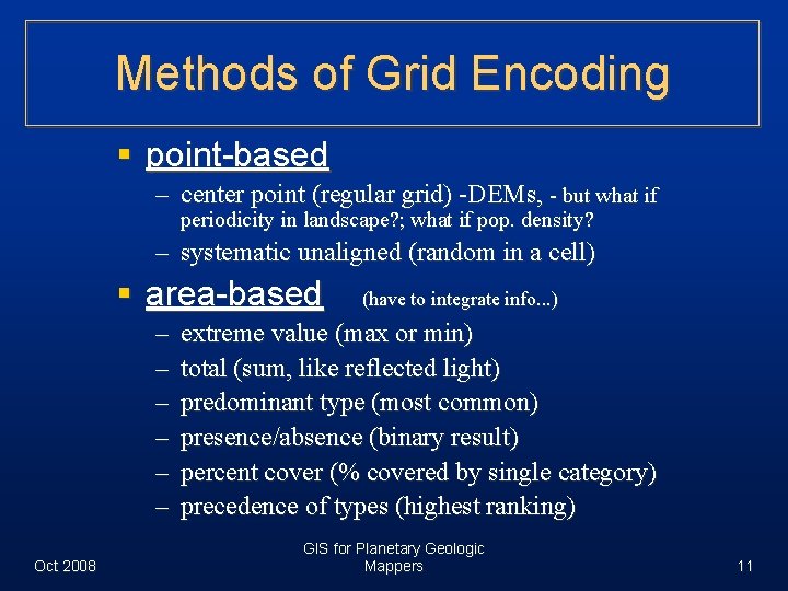 Methods of Grid Encoding § point-based – center point (regular grid) -DEMs, - but