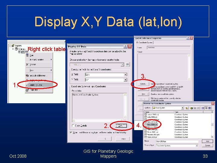 Display X, Y Data (lat, lon) Right click table 3. 1. 2. Oct 2008