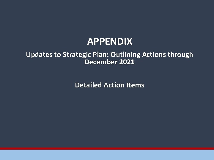 APPENDIX Updates to Strategic Plan: Outlining Actions through December 2021 Detailed Action Items 