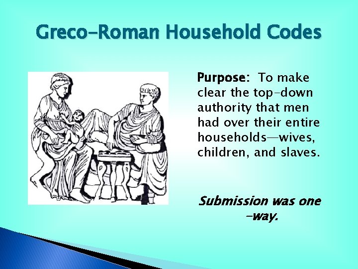 Greco-Roman Household Codes Purpose: To make clear the top-down authority that men had over Greco-Roman Household Codes Purpose: To make clear the top-down authority that men had over