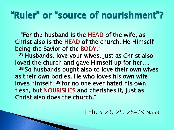 “Ruler” or “source of nourishment”? “For the husband is the HEAD of the wife, “Ruler” or “source of nourishment”? “For the husband is the HEAD of the wife,