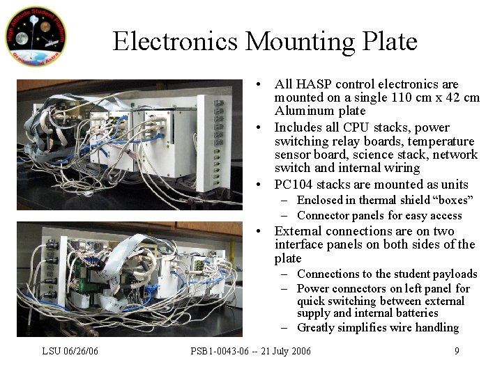 Electronics Mounting Plate • All HASP control electronics are mounted on a single 110