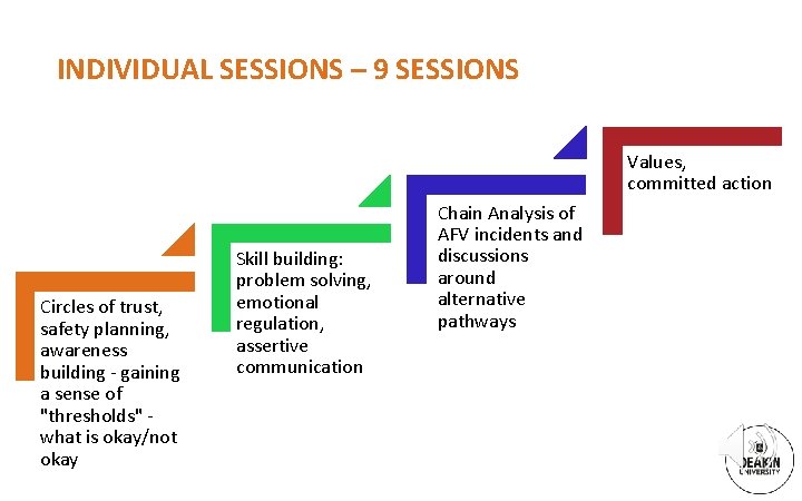 INDIVIDUAL SESSIONS – 9 SESSIONS Values, committed action Circles of trust, safety planning, awareness