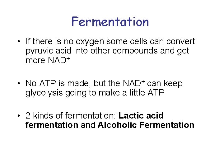 Fermentation • If there is no oxygen some cells can convert pyruvic acid into