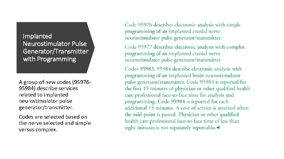 Implanted Neurostimulator Pulse Generator/Transmitter with Programming A group of new codes (9597695984) describe services