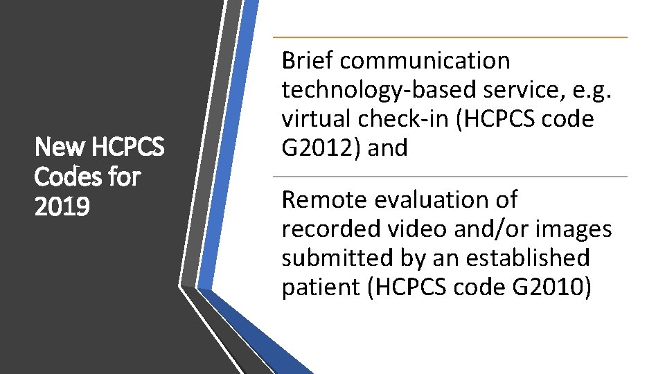 New HCPCS Codes for 2019 Brief communication technology-based service, e. g. virtual check-in (HCPCS