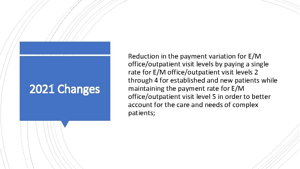 2021 Changes Reduction in the payment variation for E/M office/outpatient visit levels by paying