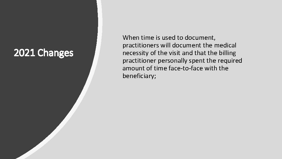 2021 Changes When time is used to document, practitioners will document the medical necessity