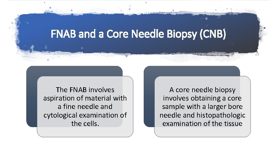 FNAB and a Core Needle Biopsy (CNB) The FNAB involves aspiration of material with