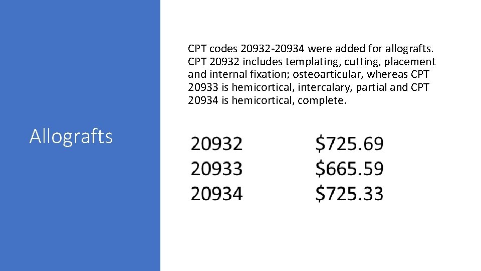 CPT codes 20932 -20934 were added for allografts. CPT 20932 includes templating, cutting, placement