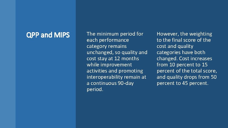 QPP and MIPS The minimum period for each performance category remains unchanged, so quality