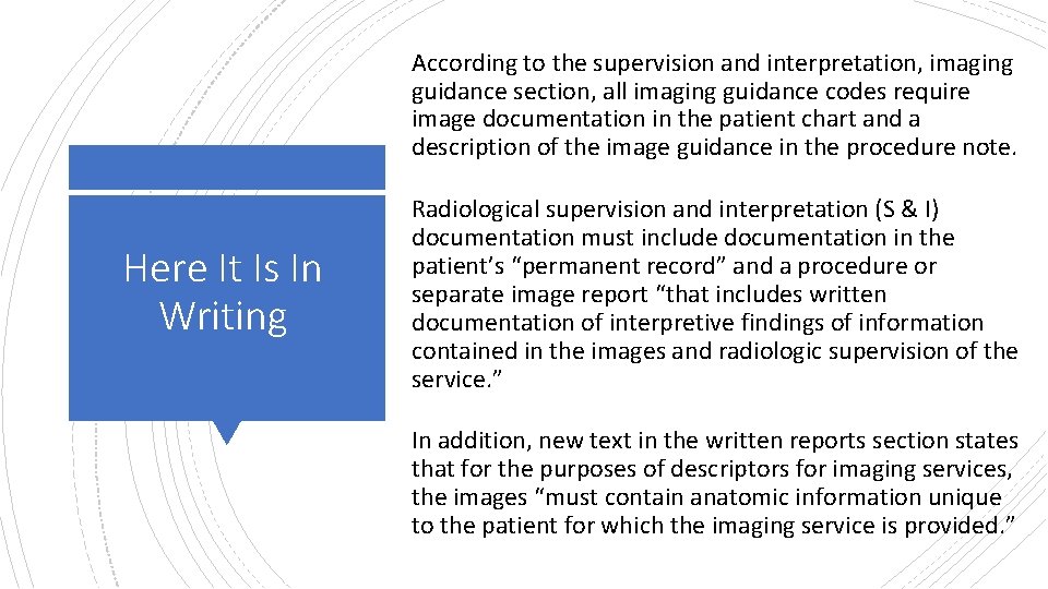 According to the supervision and interpretation, imaging guidance section, all imaging guidance codes require