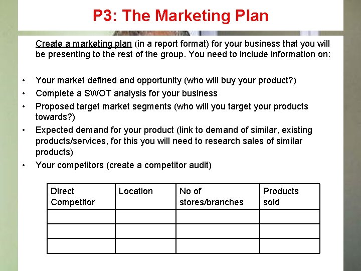 P 3: The Marketing Plan Create a marketing plan (in a report format) for