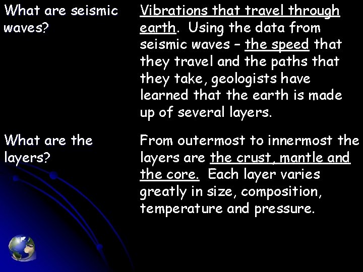 What are seismic waves? Vibrations that travel through earth. Using the data from seismic