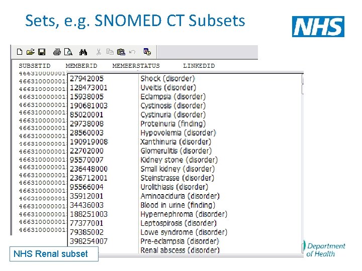 Sets, e. g. SNOMED CT Subsets NHS Renal subset 