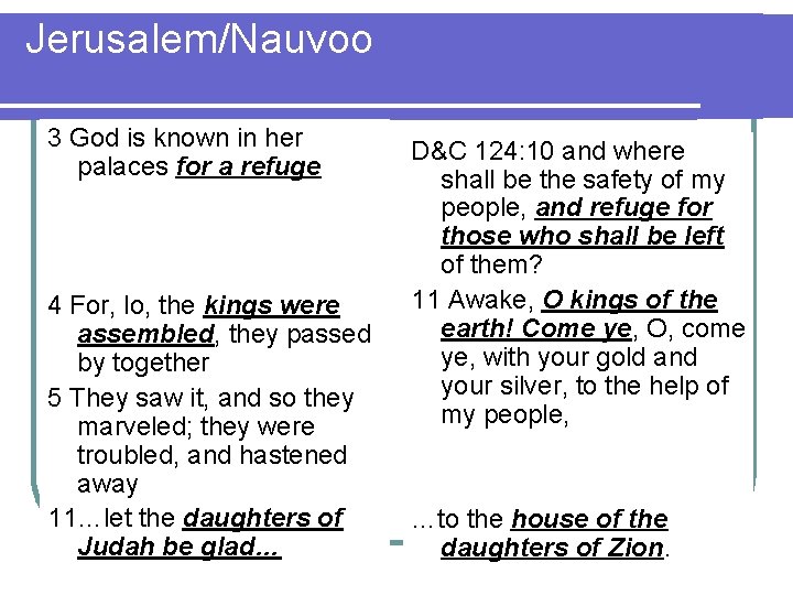 Jerusalem/Nauvoo 3 God is known in her palaces for a refuge 4 For, lo,