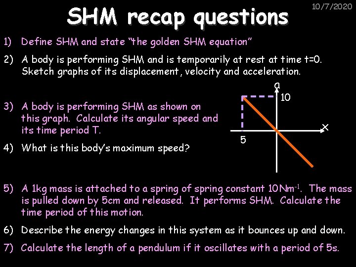 SHM recap questions 10/7/2020 1) Define SHM and state “the golden SHM equation” 2)