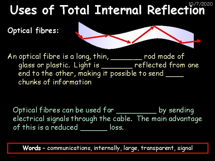 10/7/2020 Uses of Total Internal Reflection Optical fibres: An optical fibre is a long,