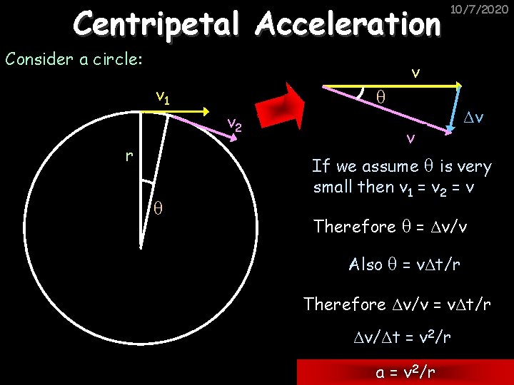 Centripetal Acceleration Consider a circle: v 1 θ v 2 r θ 10/7/2020 v