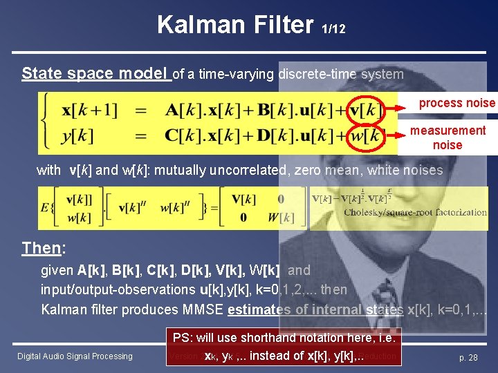 Kalman Filter 1/12 State space model of a time-varying discrete-time system process noise measurement