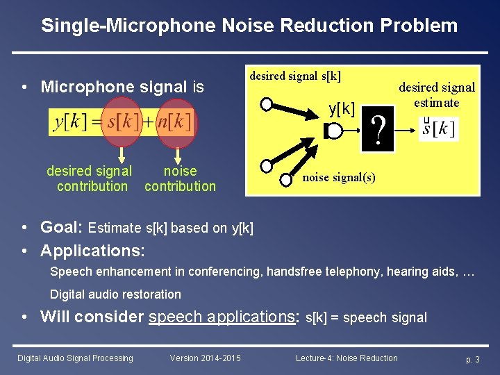 Single-Microphone Noise Reduction Problem • Microphone signal is desired signal s[k] y[k] desired signal