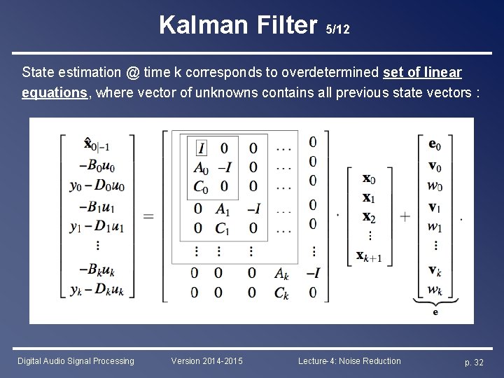 Kalman Filter 5/12 State estimation @ time k corresponds to overdetermined set of linear