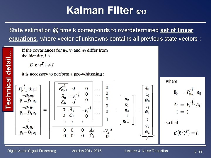 Kalman Filter 6/12 Technical detail… State estimation @ time k corresponds to overdetermined set