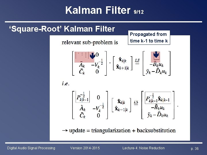 Kalman Filter 9/12 Digital Audio Signal Processing Version 2014 -2015 Propagated from time k-1