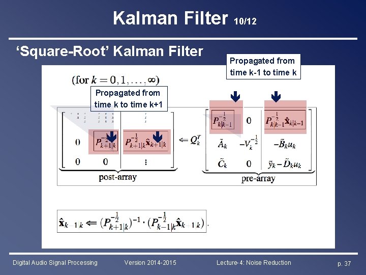 Kalman Filter 10/12 Digital Audio Signal Processing Propagated from time k to time k+1