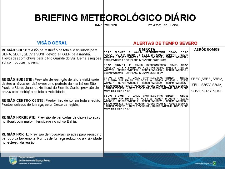 BRIEFING METEOROLÓGICO DIÁRIO Data: 07/09/2019 VISÃO GERAL REGIÃO SUL: Previsão de restrição de teto