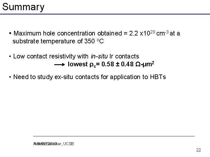 Summary • Maximum hole concentration obtained = 2. 2 x 1020 cm-3 at a