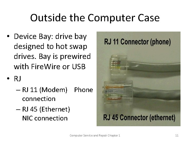 Outside the Computer Case • Device Bay: drive bay designed to hot swap drives.