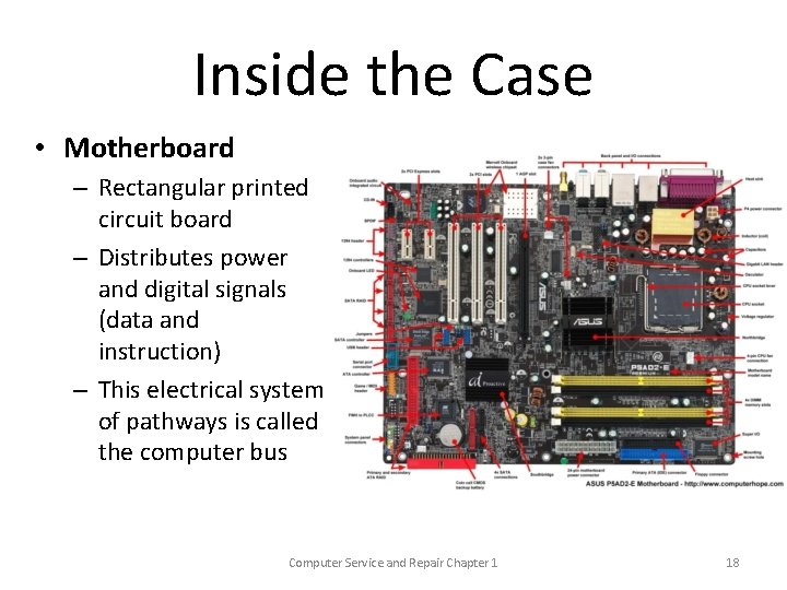 Inside the Case • Motherboard – Rectangular printed circuit board – Distributes power and