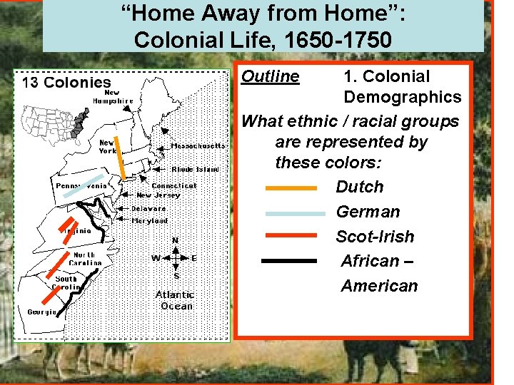 “Home Away from Home”: Colonial Life, 1650 -1750 Outline 1. Colonial Demographics What ethnic