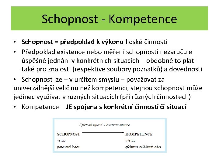 Schopnost - Kompetence • Schopnost = předpoklad k výkonu lidské činnosti • Předpoklad existence