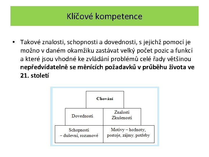 Klíčové kompetence • Takové znalosti, schopnosti a dovednosti, s jejichž pomocí je možno v