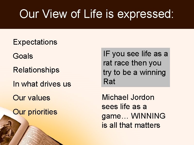 Our View of Life is expressed: Expectations Goals Relationships In what drives us Our