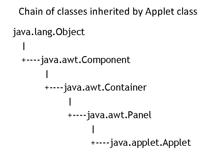 Chain of classes inherited by Applet class java. lang. Object | +----java. awt. Component