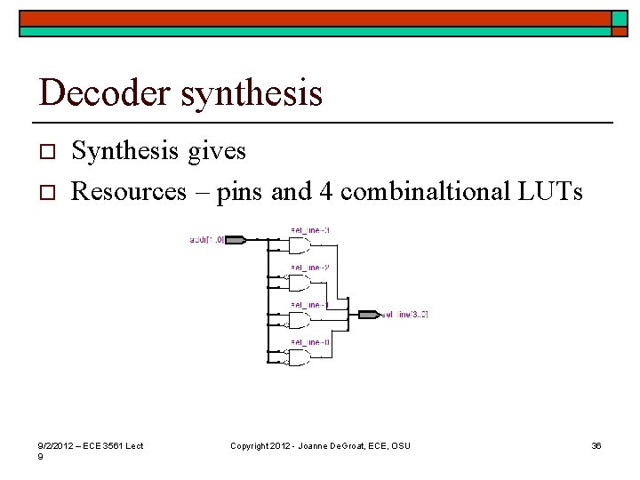 Decoder synthesis o o Synthesis gives Resources – pins and 4 combinaltional LUTs 9/2/2012