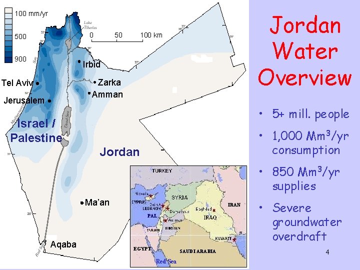 Jordan Water Overview 100 mm/yr 0 500 900 50 100 km Irbid Tel Aviv