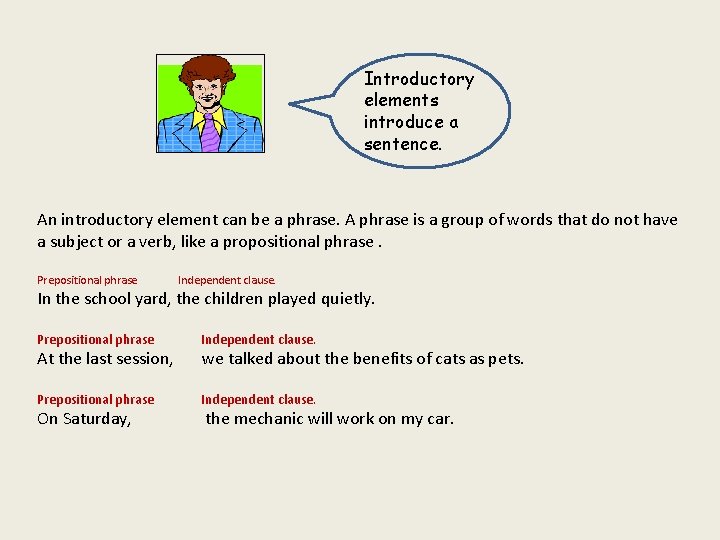 Introductory elements introduce a sentence. An introductory element can be a phrase. A phrase