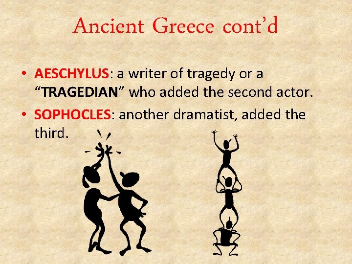 Ancient Greece cont’d • AESCHYLUS: a writer of tragedy or a “TRAGEDIAN” who added